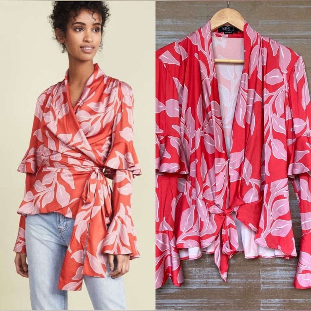 Patbo Leaf Print Wrap Top Hot Pink Preppy Boho Vacation Tropical Womens M